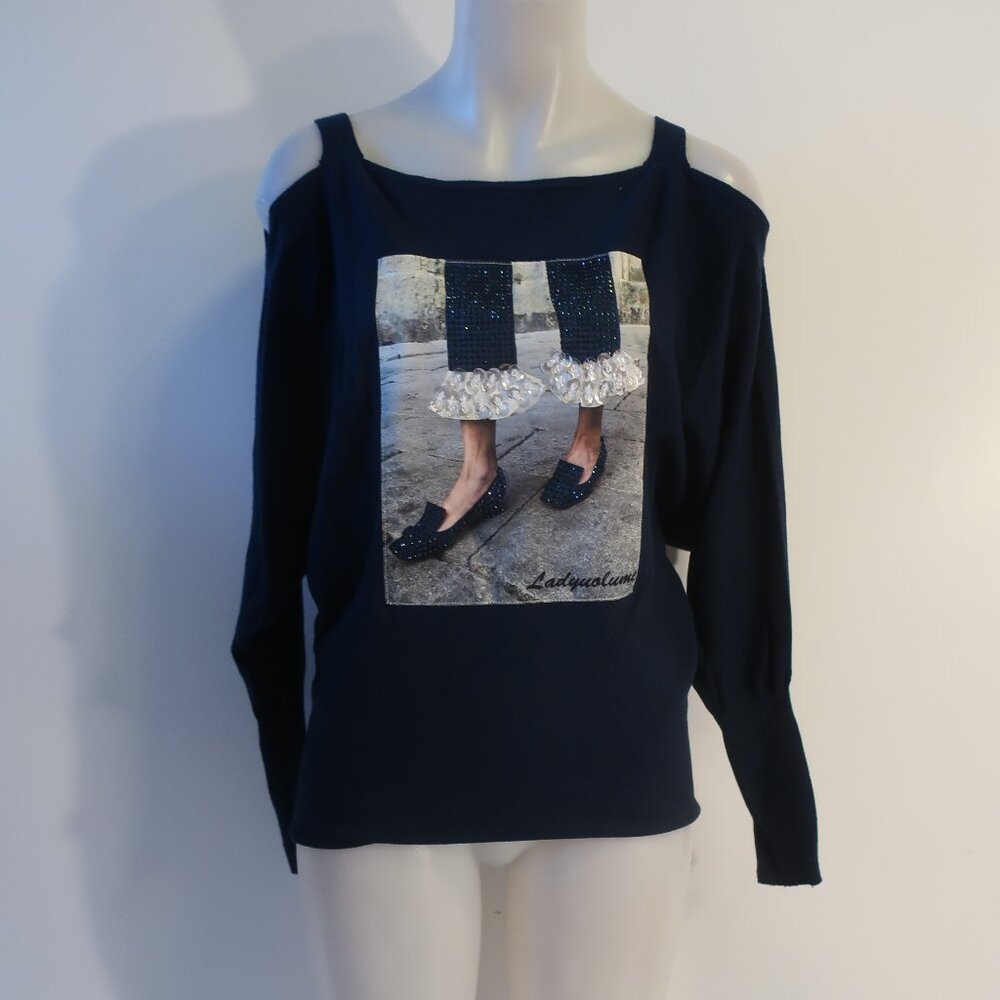 NWT Womens Zannza Couture Navy Graphic Viscose Blend Cold Shoulder Sweater L